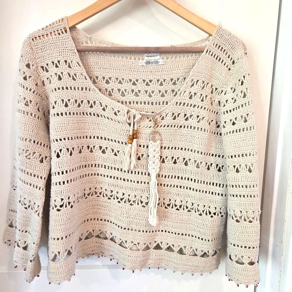 Tommy Hilfiger Crochet Hand Knit Sweater Beige Silk Boho L Fisherman Coastal